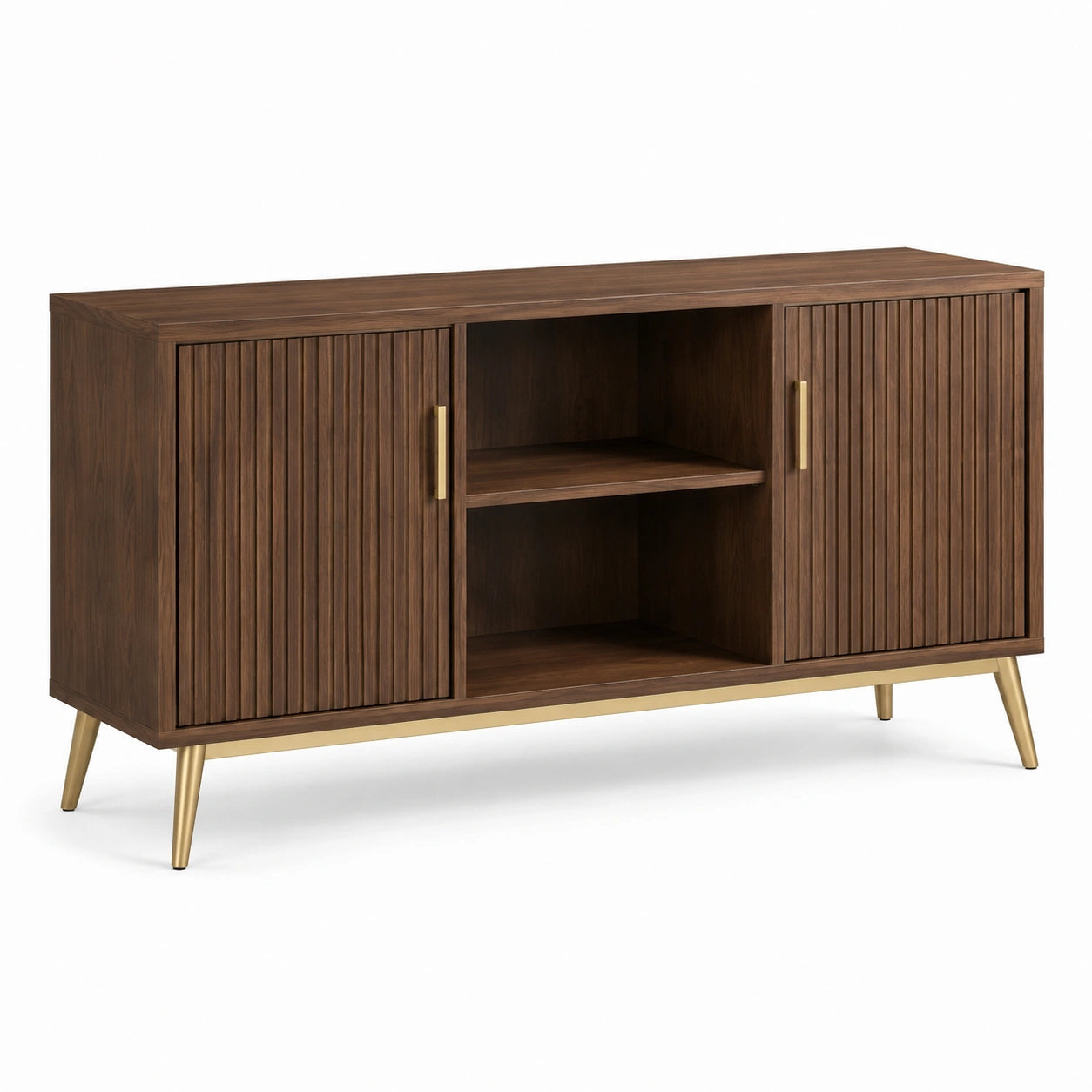 Aparador de madera de nogal y patas metálicas con puertas y estantes abiertos, 147 cm