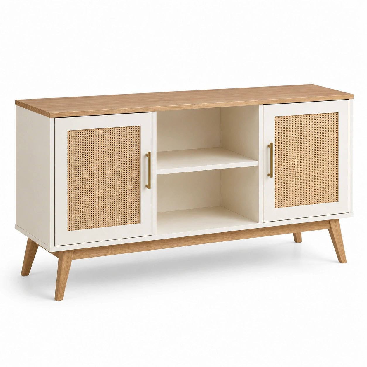 Aparador de MDF con Puertas de Ratán y Patas de Roble