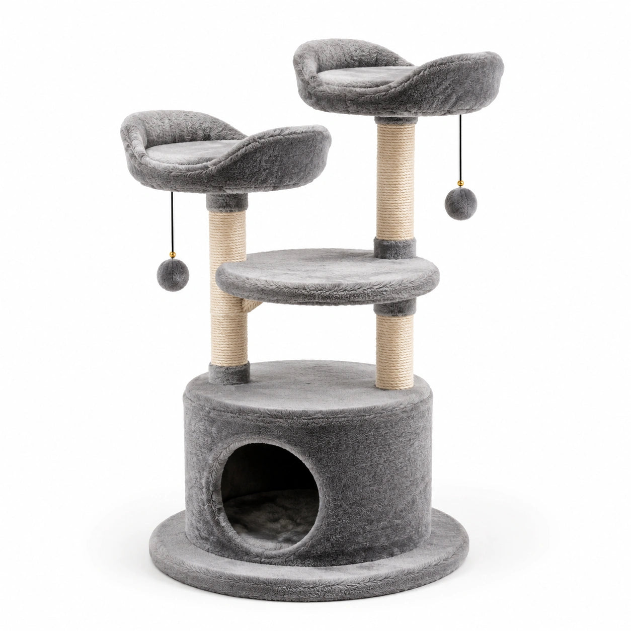 Árbol rascador para gatos con plataformas de tela de felpa y postes de cuerda de sisal gris