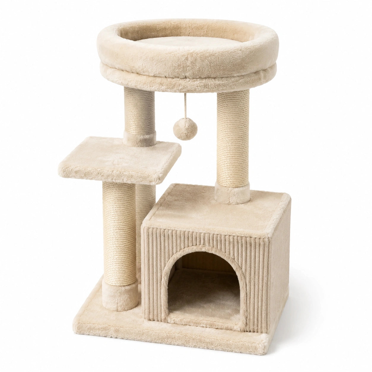 Árbol rascador para gatos con estructura de madera MDF, tapizado de felpa, beige