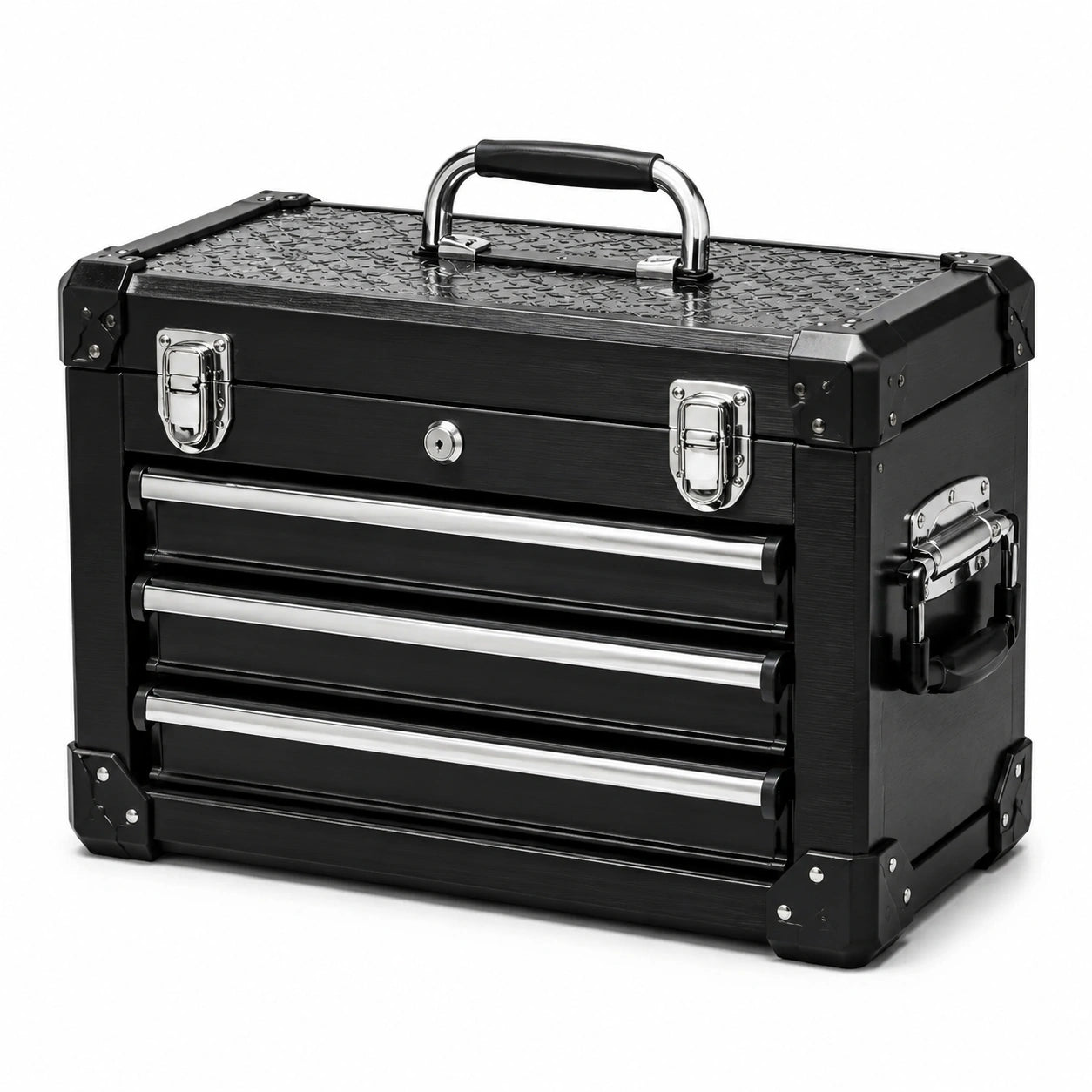 Caja de herramientas de aleación de aluminio negra con 3 cajones y cerraduras