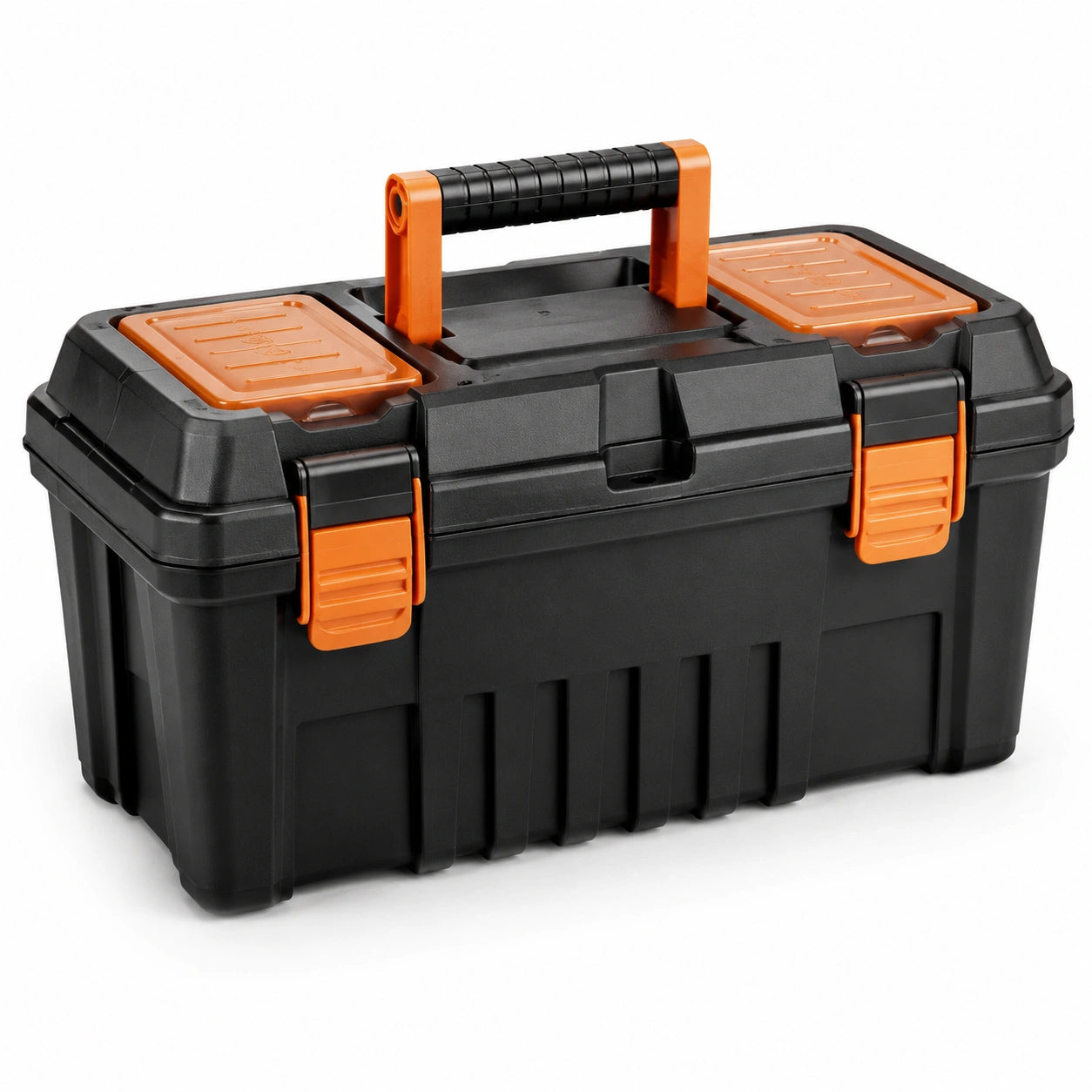 Caja de herramientas de plástico negro con cierre y asa naranja 40x20x25 cm