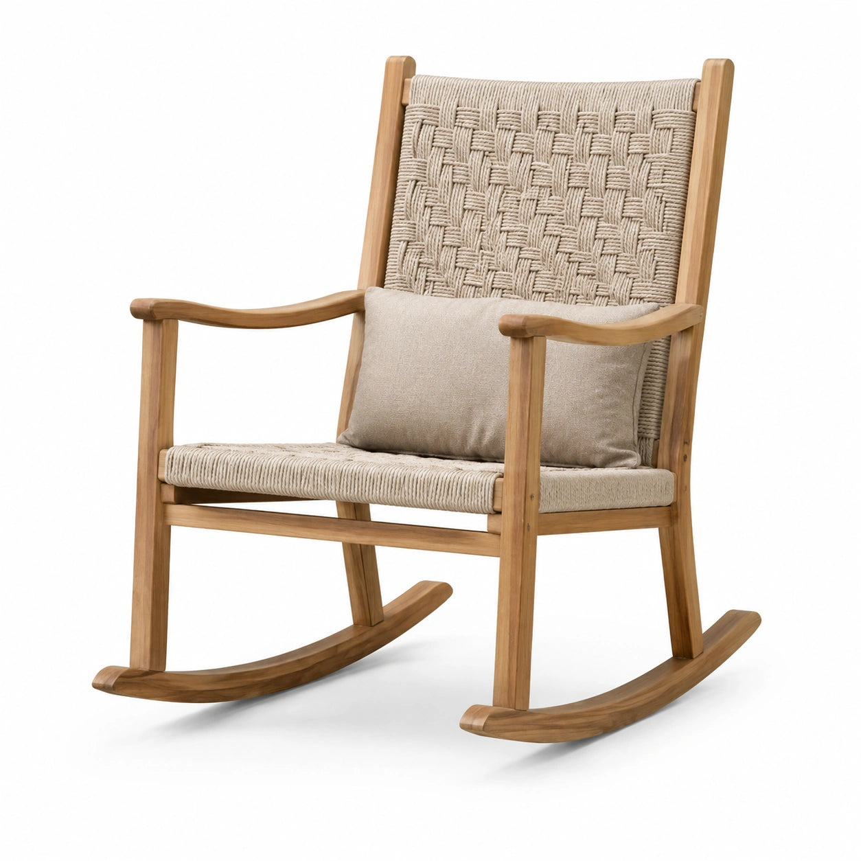 Mecedora de teca y poliéster beige con cojín 85x65x110 cm