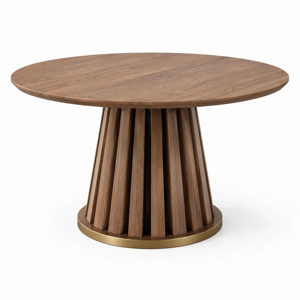 Mesa redonda de madera de nogal y metal dorado
